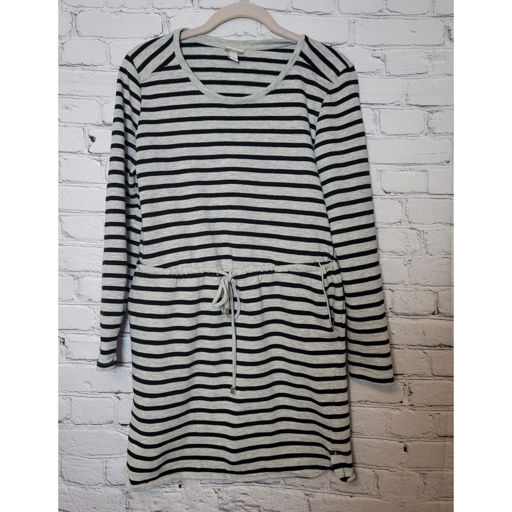 Merona Womens Grey Black Striped Long Sleeve Drawstring Waist Knit‎ Dress Size M